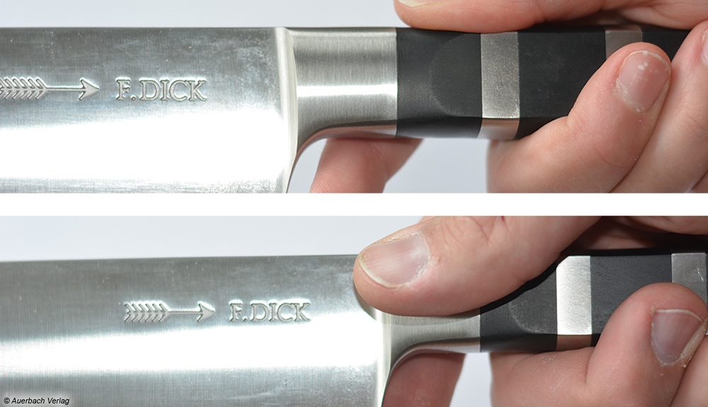 Beim F.-Dick-Messer sind kleine Hände bestens geschützt, während die Finger großer Hände bedrohlich nah zur scharfen Klinge gelangen können