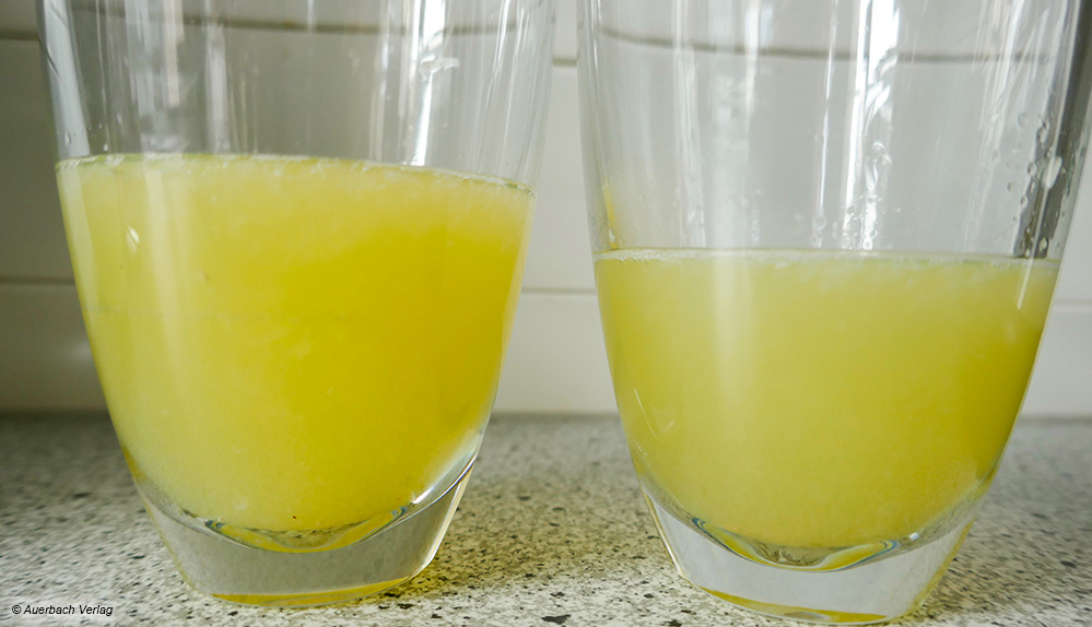 Vergleich der Saftausbeute aus 250 Gramm Zitronen: links das Ergebnis der Presse von Suntec und rechts von Russell Hobbs