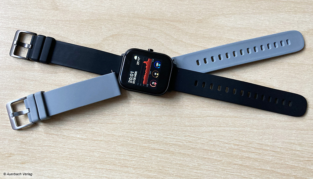 Bei der Smartwatch von Leicke können Sie zwischen einem schwarzen und einem grauen Armband wechseln, je nach Outfit