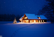 Haus mit Schnee in der Nacht