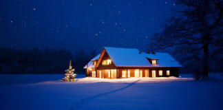 Haus mit Schnee in der Nacht