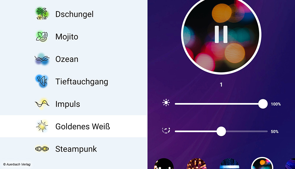 Die beiden Apps von Wiz und Hama bieten verschiedene Lichtmodi an, diese können individuell verfeinert werden 

