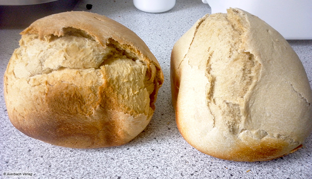 Obwohl derselbe Bräunungsgrad eingestellt ist, hat das Brot links (Tefal) eine dunklere Farbe als das Brot rechts (Gastroback)