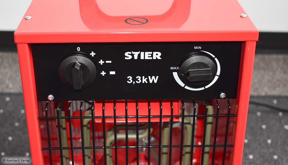  Rot, stark, Stier: Der Heizlüfter 3,3 kW bollert wie eine kleine Heizung und liefert schnell sehr gute Wärme
