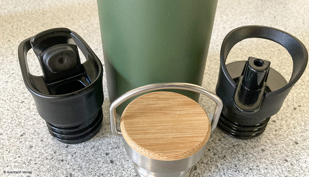 Die Qual der Wahl: Zur Thermoflasche von Milu T6 gehören drei verschiedene Deckel für unterschiedliche Einsatzmöglichkeiten