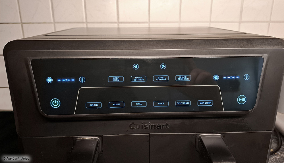 Über den Touchscreen des Cuisinart Airfryers können die Garvorgänge pro Kammer komfortabel ausgewählt werden