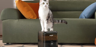 Automatischer Futterspender von Oneisall füttert Katzen in regelmäßigen Intervallen.