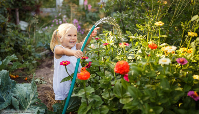 Mit dem Gartenschlauch Blumen gießen