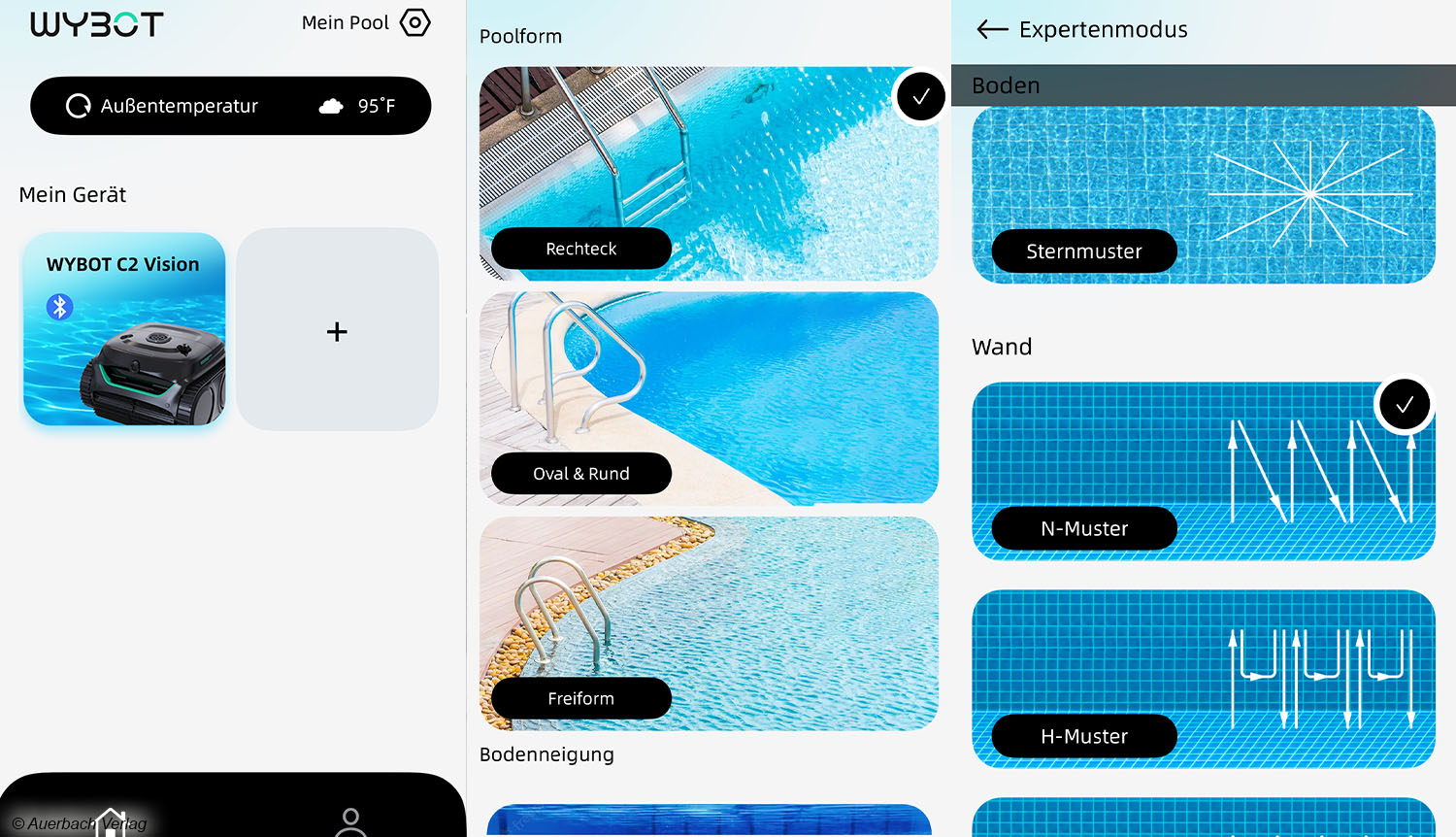 In der App werden nach der Installation die Art des Beckens und der Reinigungsmodus ausgewählt