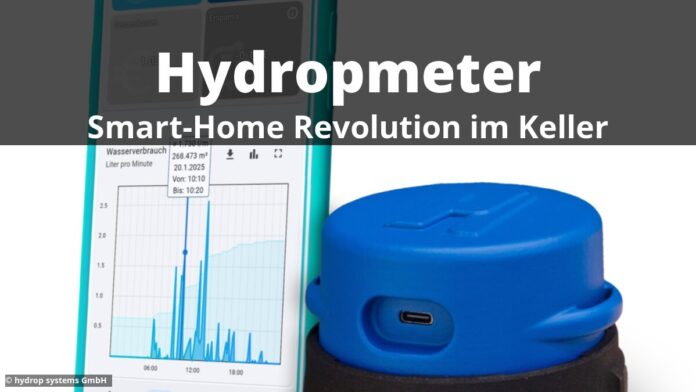 Digitaler Wasserzähler mit Smartphone App auf der linken Seite